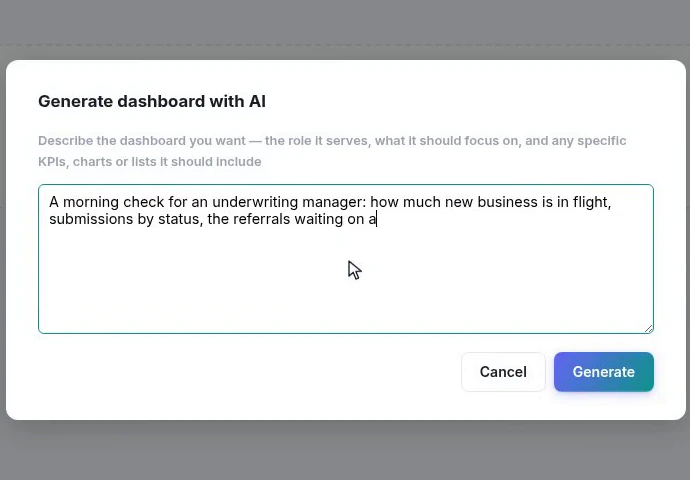 The generate-with-AI dialog with a paragraph describing who the dashboard is for and what they care about