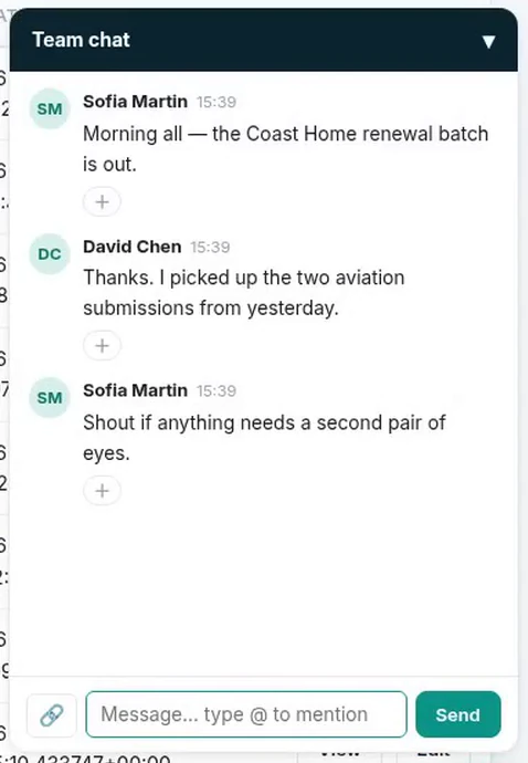 The team chat panel open over a policy list, showing three messages from colleagues with reaction buttons and a composer