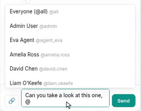 The mention menu open in the chat composer, listing everyone and each colleague with their handle