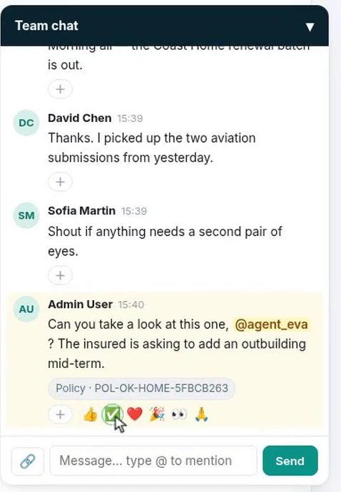 The same conversation in the mentioned colleague's window, highlighted, with the policy open behind it and a reaction picker under the message