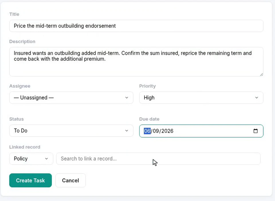 The new task form with a title, a description, an assignee, a priority, a status, a due date and a linked-record search