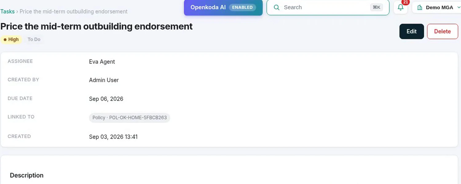 The created task showing its assignee, who raised it, the due date, the policy it is linked to and a comment box