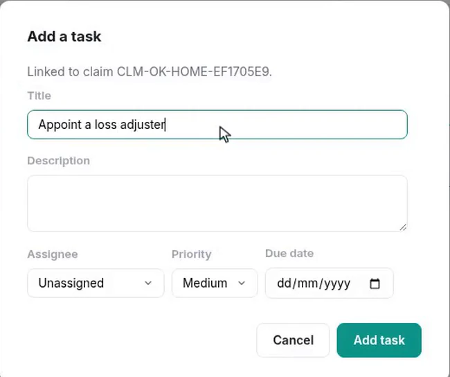 The add-a-task dialog opened from a claim, already stating which claim it is linked to