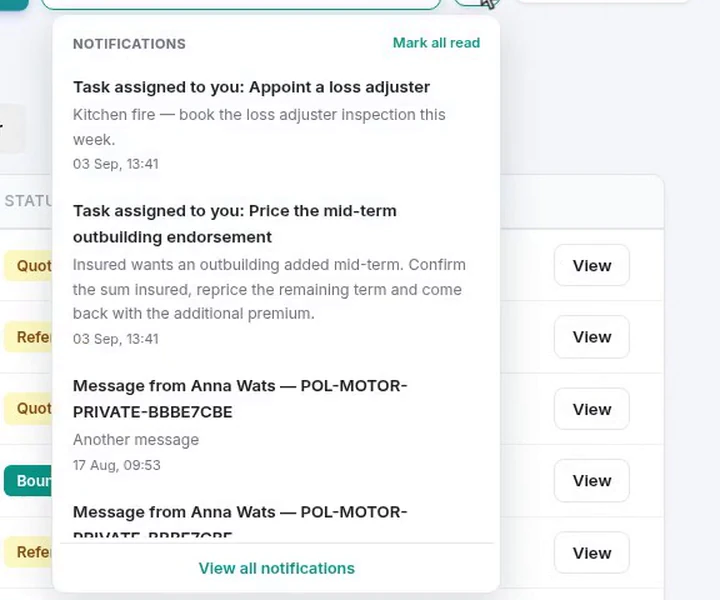 The notification dropdown in the assignee's window listing the two tasks just assigned to her, each with its detail and a link
