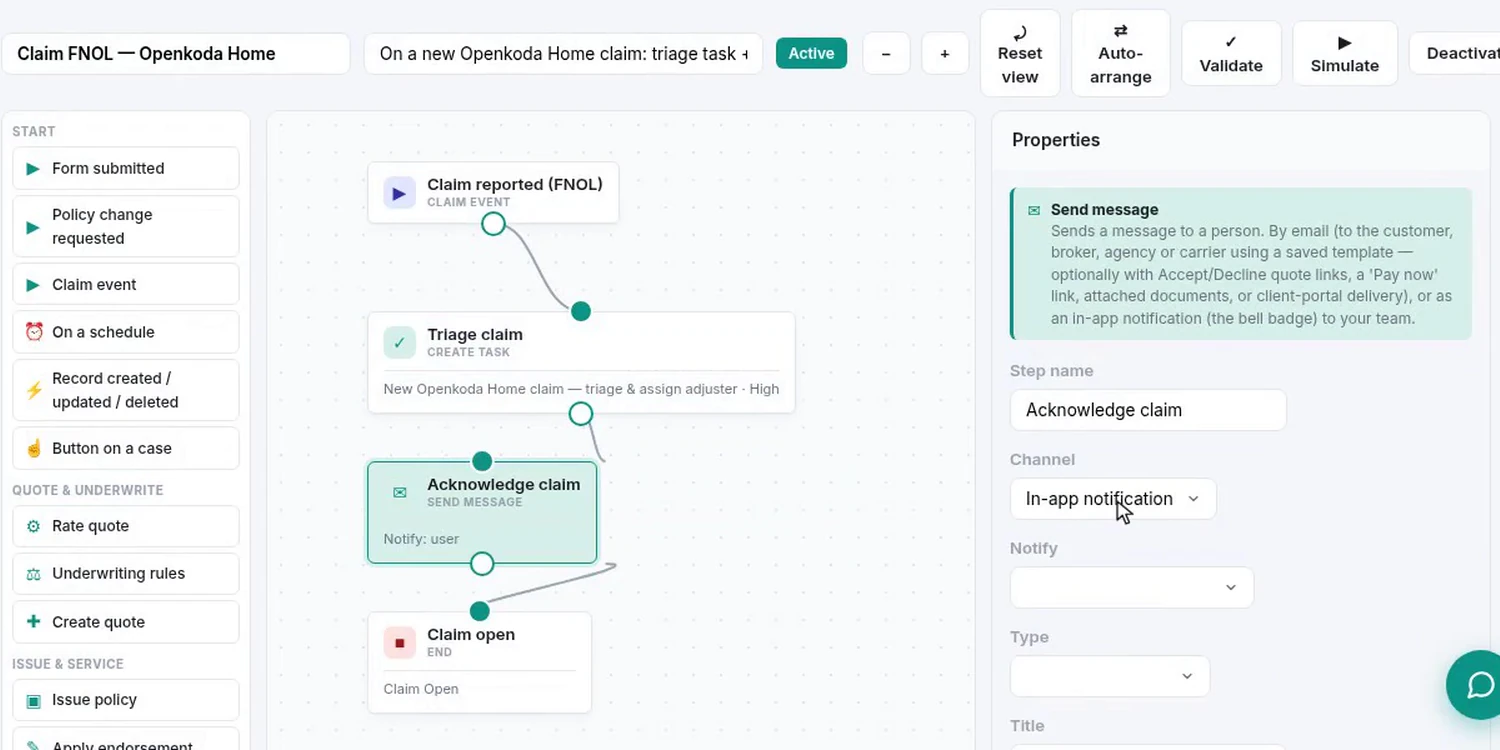 A claim workflow whose steps create a task and send an in-app notification rather than an email