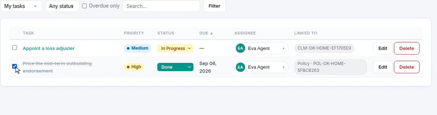 The task list with the endorsement task now marked done