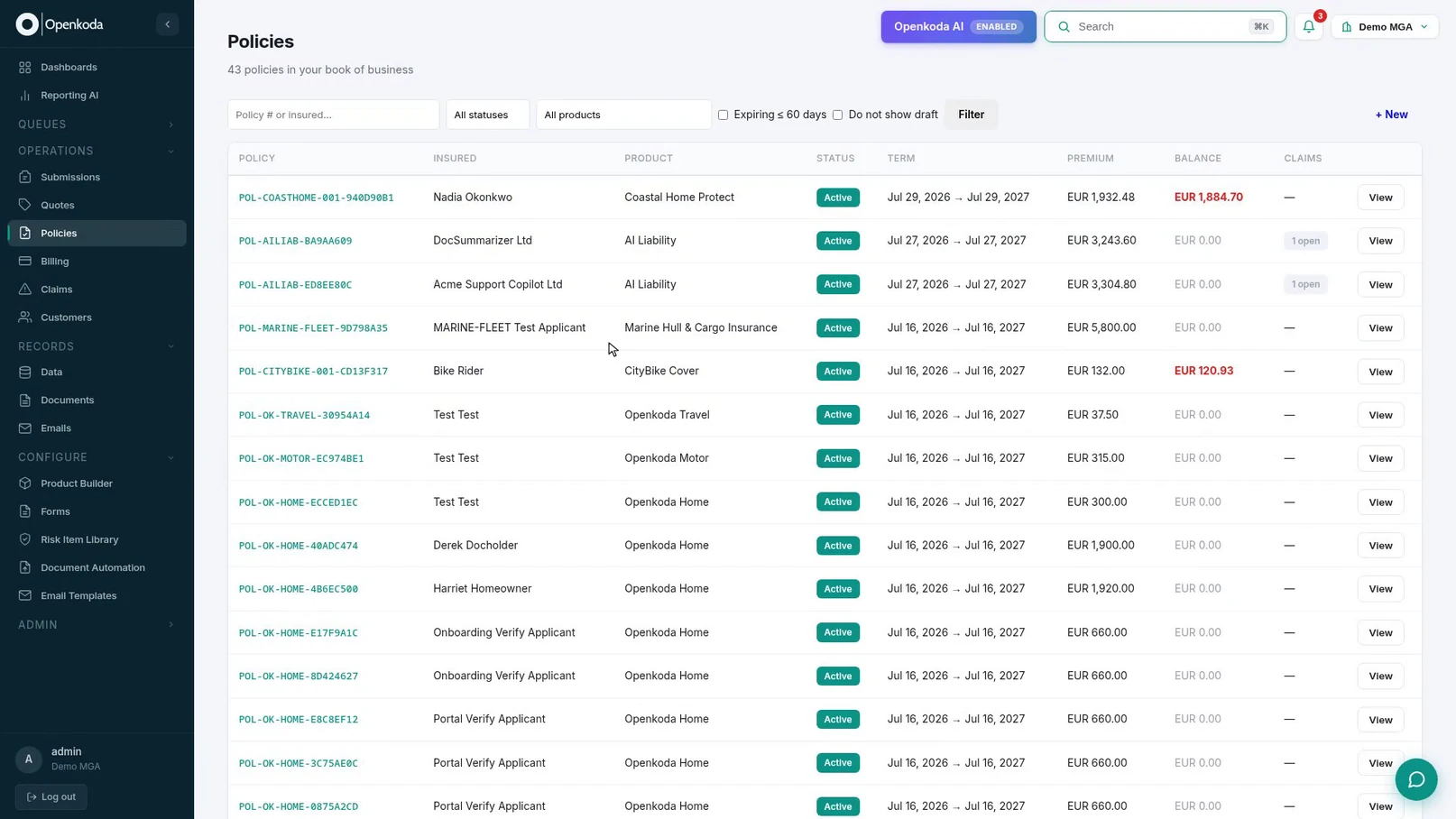 The Openkoda policy list showing 43 policies with insured, product, status, term, premium, balance and open claims