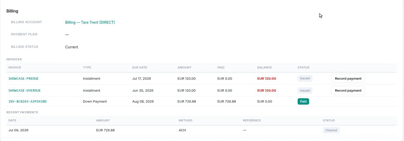 The billing section: billing account and status, three invoices with amounts, balances and Record payment buttons, and the recent payments table