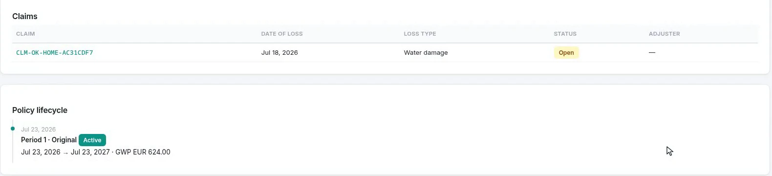 The claims table showing one open water damage claim, above the policy lifecycle timeline