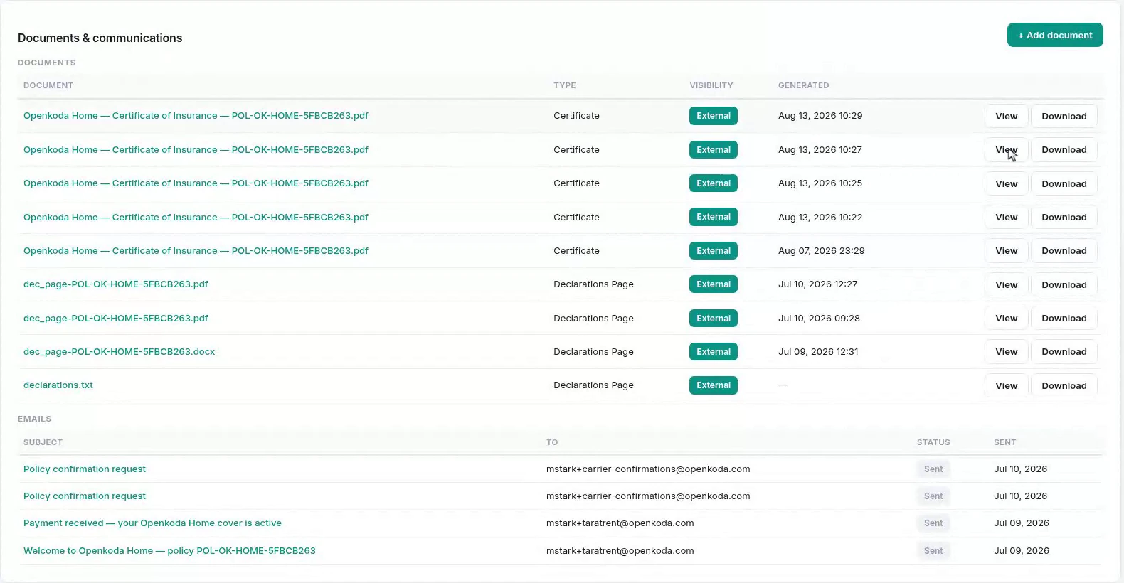 The documents and communications panel: generated certificates and declarations pages with visibility and date, and below them the emails sent about this policy