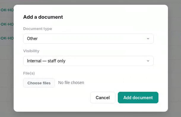 The Add a document dialog with document type, visibility and a file chooser