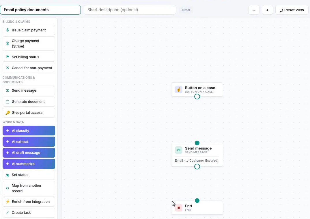 The workflow editor with a palette of steps on the left and three nodes dropped on the canvas: button on a case, send message, and end