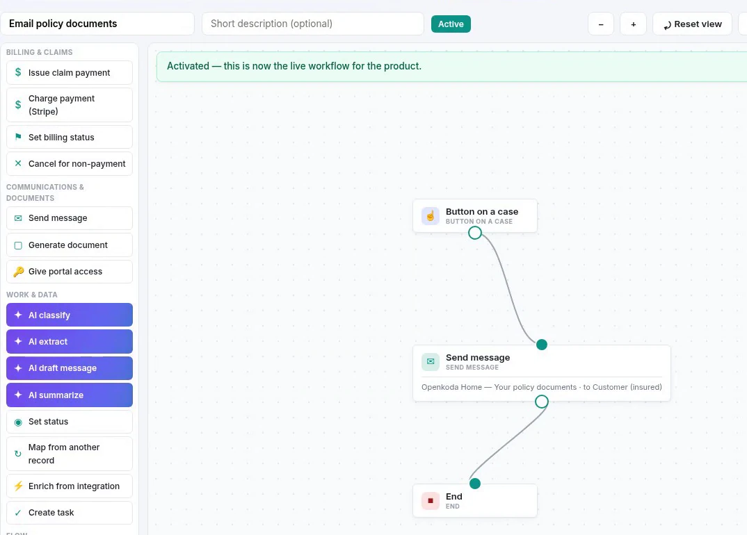 The three workflow steps wired in a line, with a banner confirming the workflow is now the live one for the product