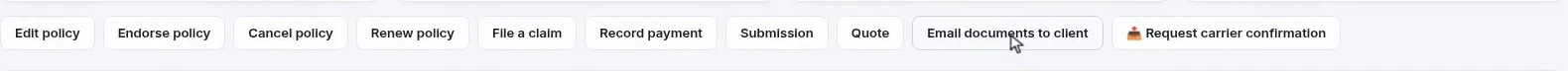 The same policy action bar as before, now carrying an Email documents to client button among the standard actions