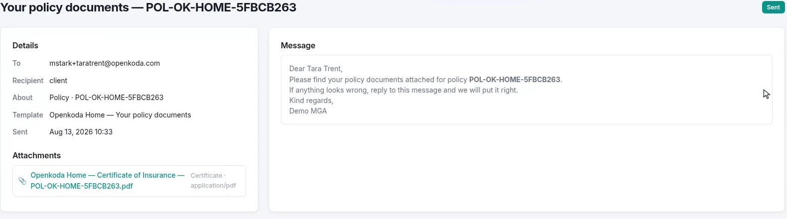 The sent email showing recipient, the policy it is about, the template used, the attached certificate PDF and the message body