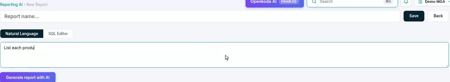 A new report with a plain-English request typed into the natural language box