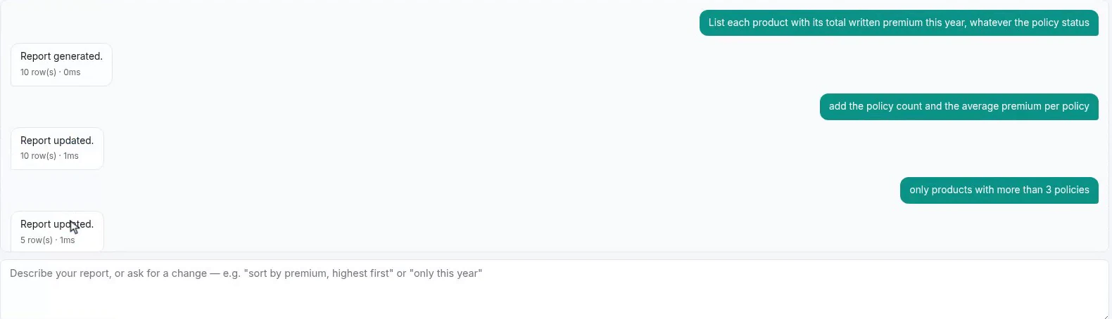 The chat column showing a filter instruction answered with report updated and a smaller row count