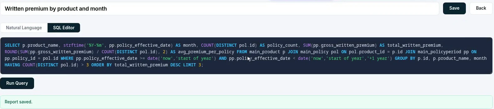 The SQL editor tab holding the query the AI wrote, with a run button, above a confirmation that the report was saved