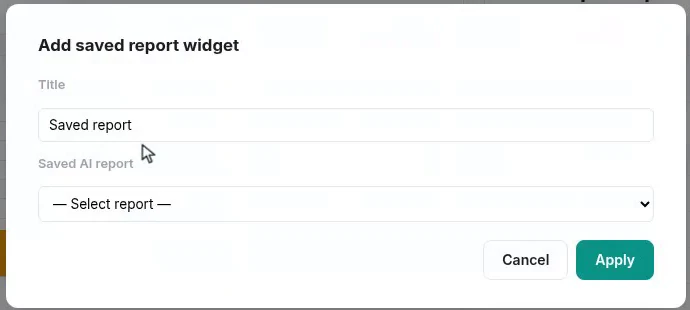 The add-saved-report dialog on a dashboard, with a title and a picker listing the saved reports