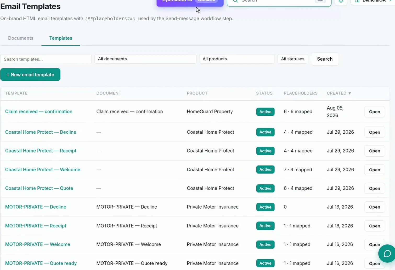 The email templates list showing templates for claims, declines, receipts, welcomes and quotes, each tied to a product with a placeholder count and a status