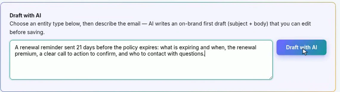 The Draft with AI panel with a two-sentence description of a renewal reminder typed into it