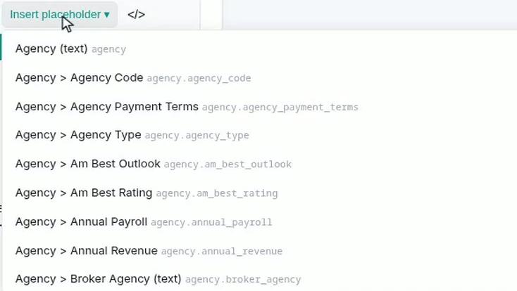 The insert-placeholder menu listing fields from a linked record, each with its human label and the token it inserts