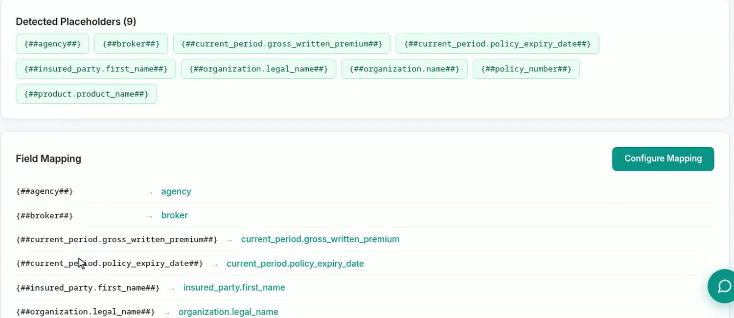 The saved template page listing the placeholders it detected and a mapping table binding each one to a field on the record