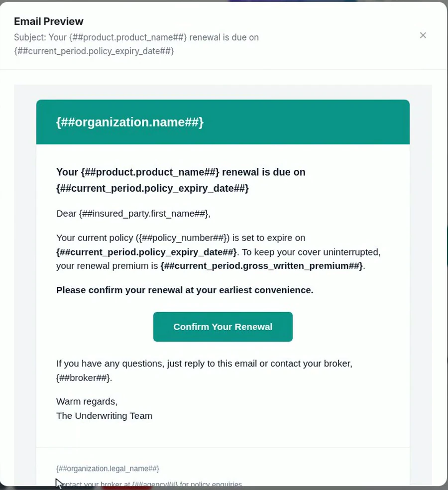 The email preview showing the rendered message with its tokens still visible because no record is attached