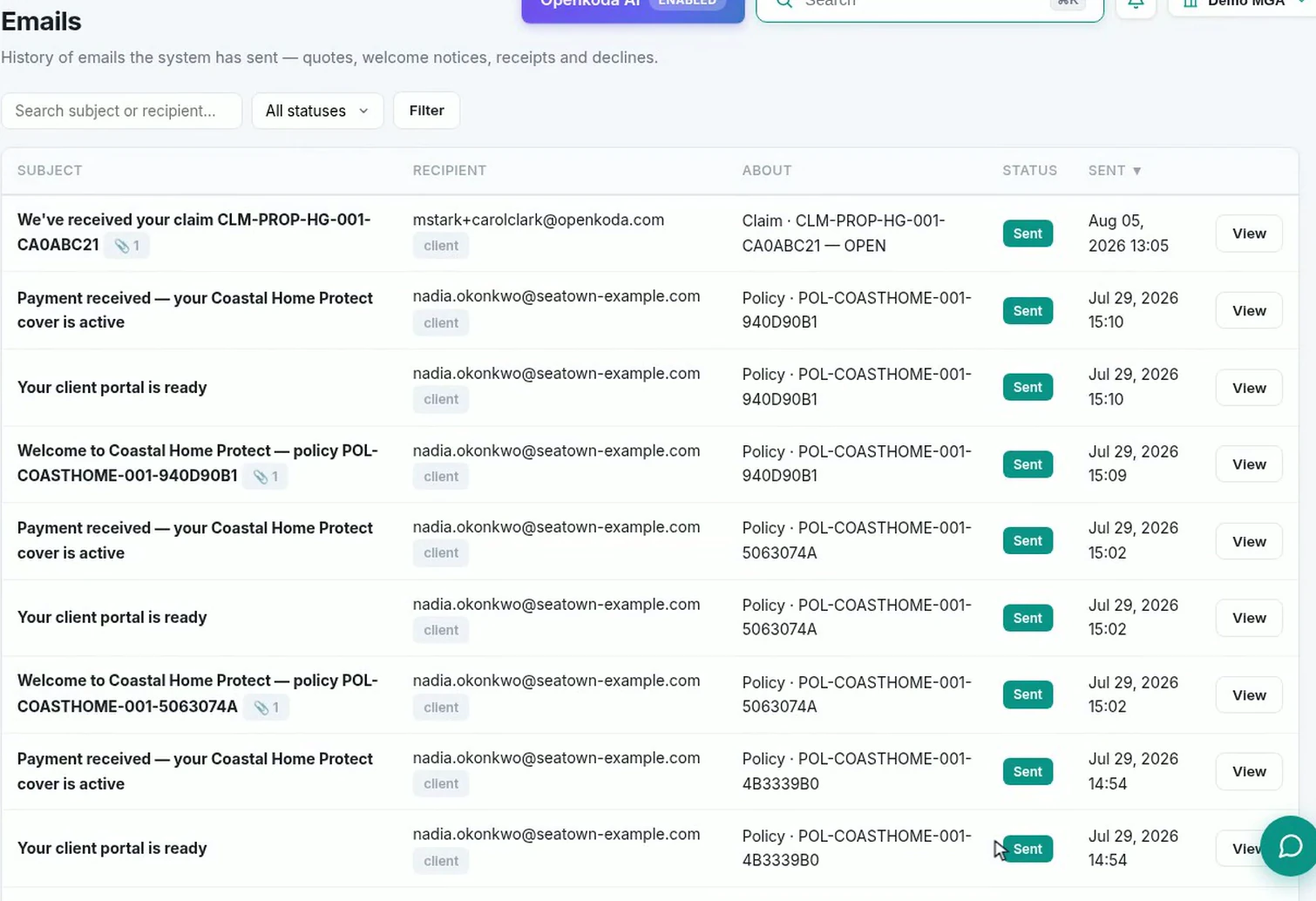 The email log listing every message the system has sent with its recipient, the record it is about, its status and the time