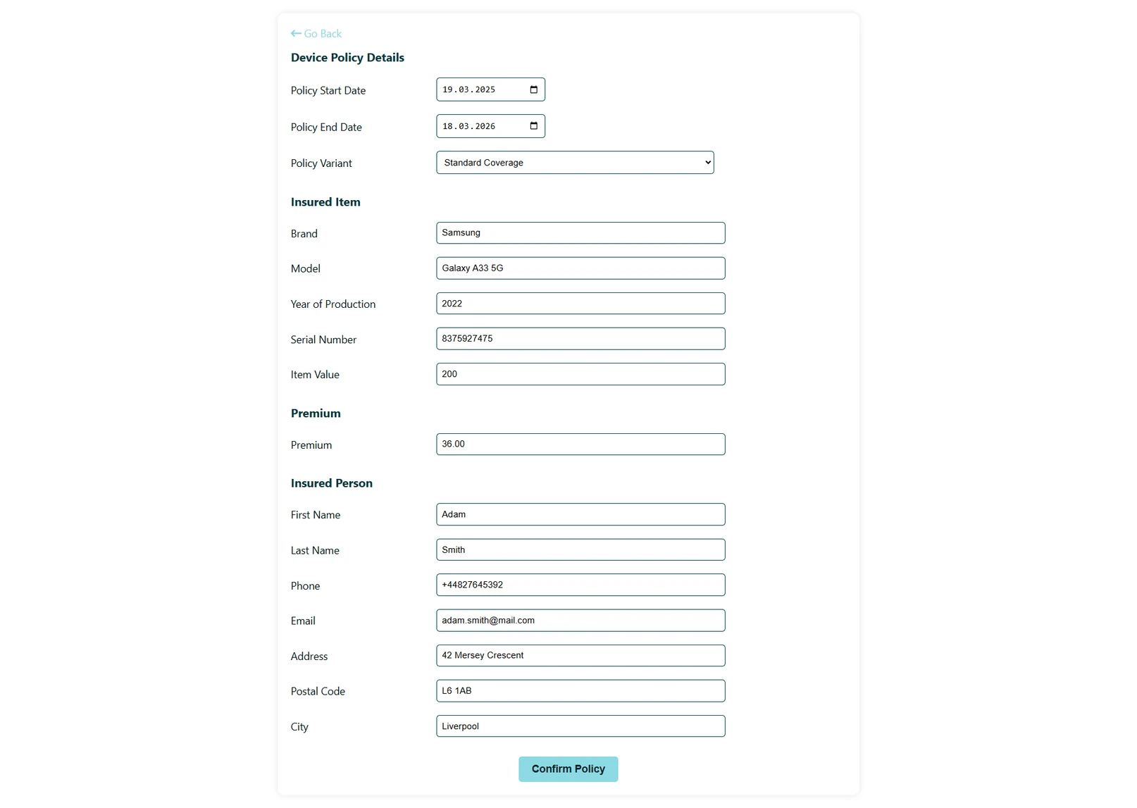 embedded insurance for device protection quote form