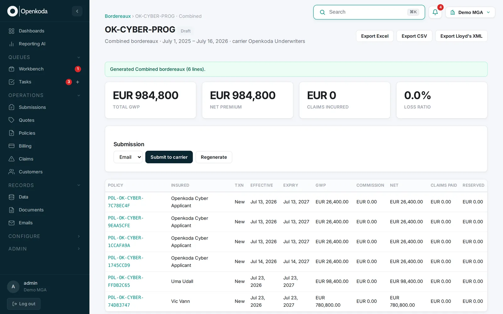 Premium bordereaux generated in Openkoda for a delegated-authority program