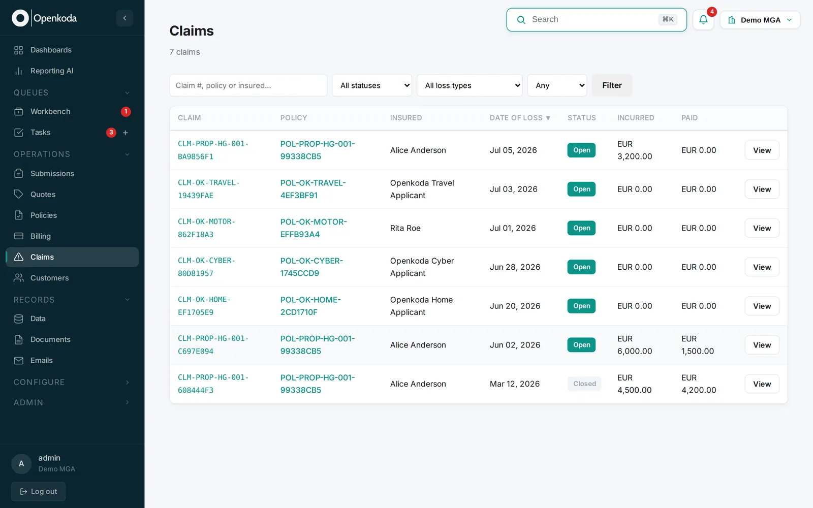 Claims handling in Openkoda, configured for a third-party administrator