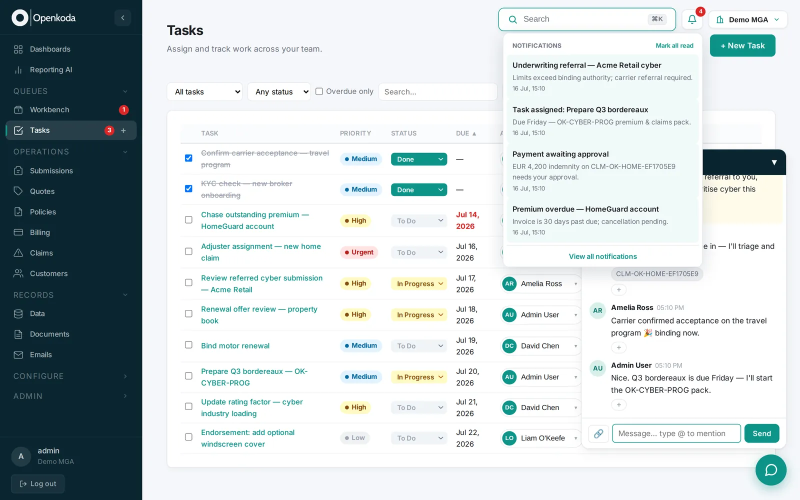 Insurance Team Collaboration: Chat, Tasks & Notifications | Openkoda