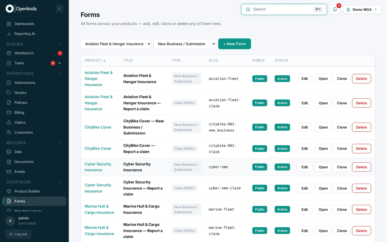 A branded Openkoda quote-and-buy form, configured and published from the platform
