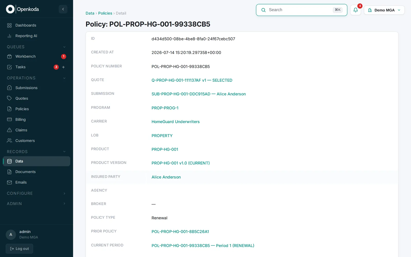 Policy administration in Openkoda, showing the full lifecycle for a risk-bearing insurer