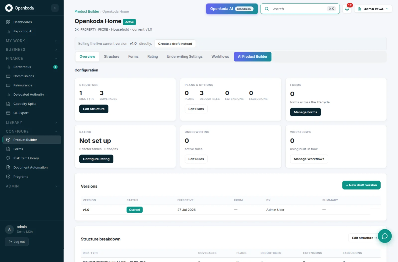 Configuring an insurance product in Openkoda - structure, plans, rating, underwriting and workflows in one place