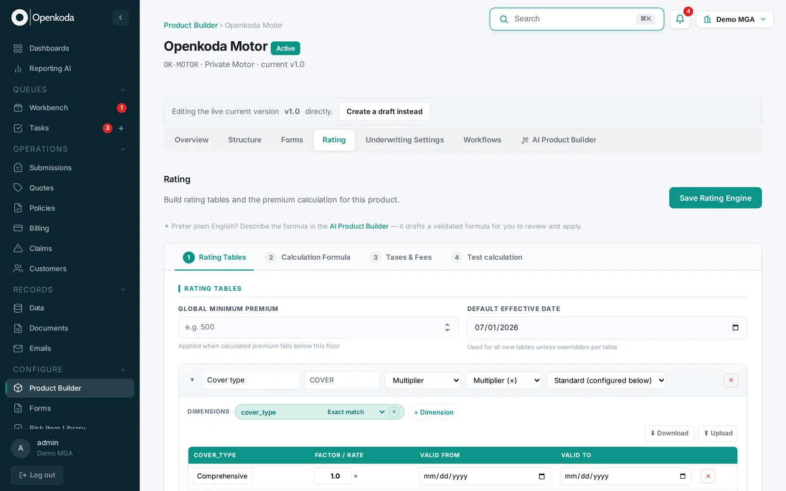 Insurance Rating & Pricing Engine | Openkoda