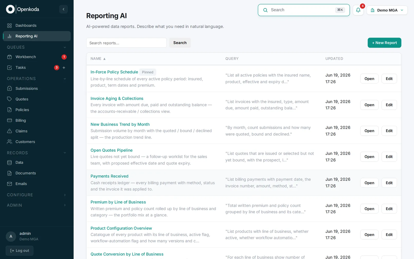 Asking Openkoda's Reporting AI a question about the book in plain English
