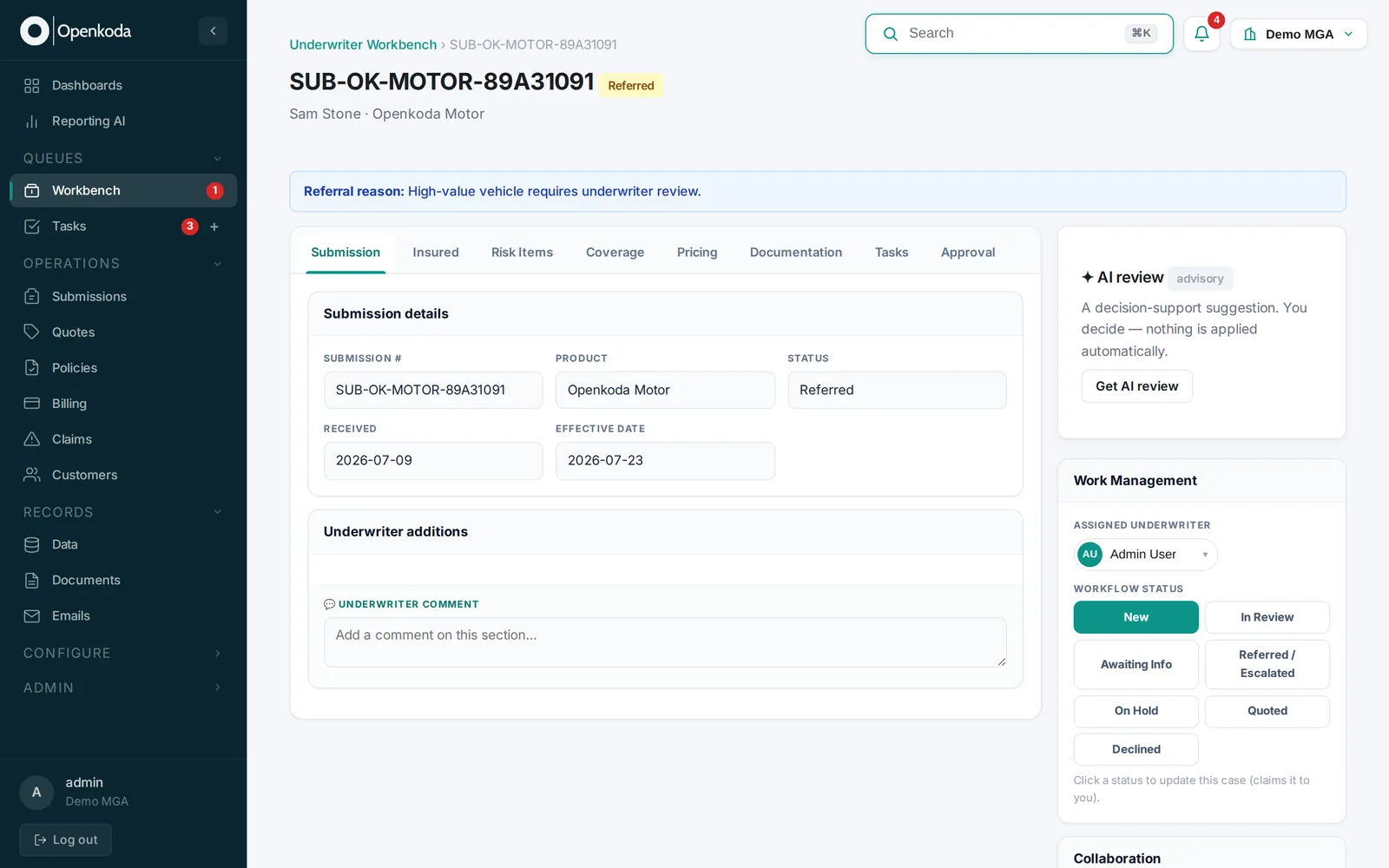 Underwriting Workbench & Rules | Openkoda