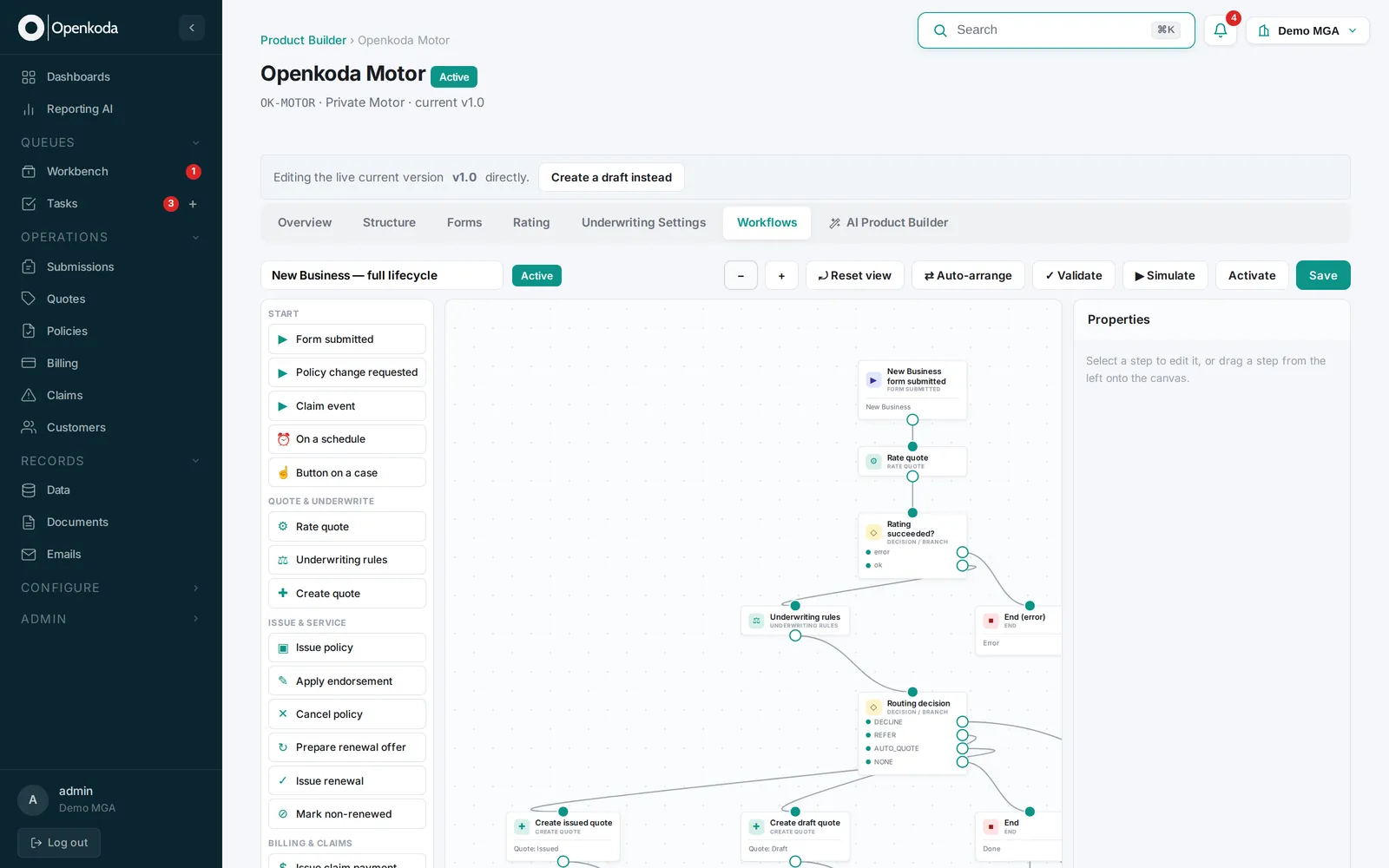 Designing an insurance process visually in Openkoda